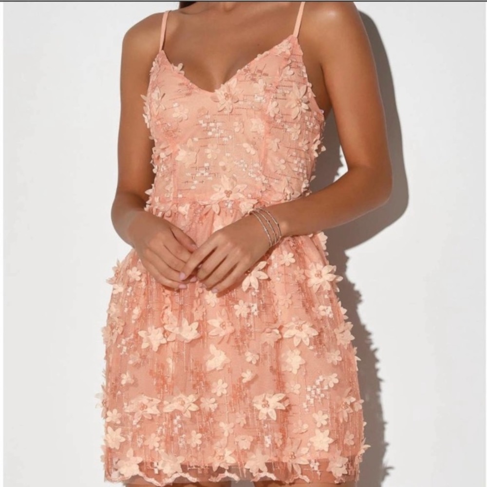 Lulu's Feeling Flirty Blush Pink Floral Applique Mini Skater Dress NWT M
